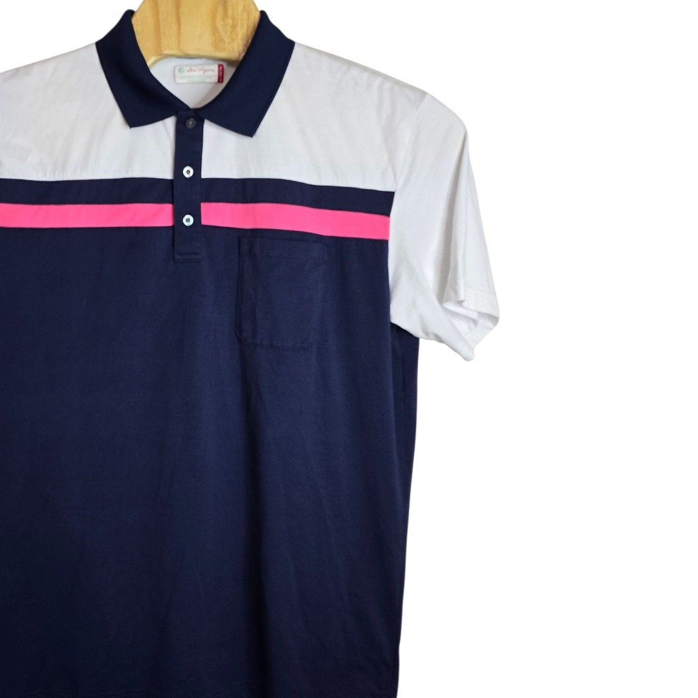 Ben Hogan Mens XL Golf Polo Shirt Navy‎ Blue White Pink Colorblock Chest Pocket